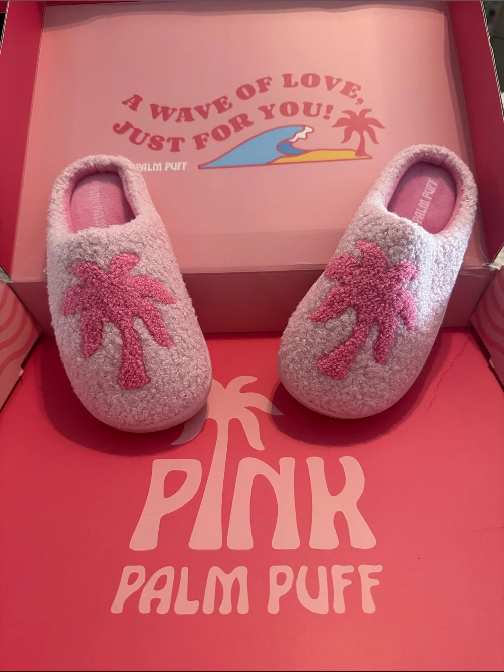 Pink Palm Puff Kids Slippers - Cozy Pink Palm Tree Design
